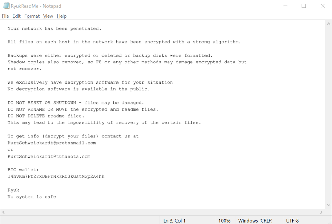 Ryuk – targeted ransomware attack on businesses